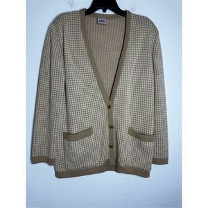 Vintage Bleyle 100% Virgin Wool Cardigan Tan White Vneck Size M Made in USA
